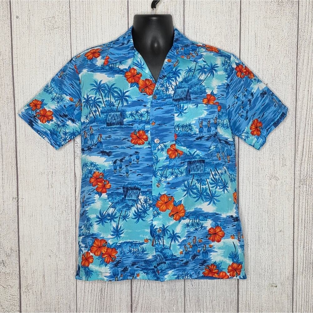 VTG 70s 80s Made in Hawaii Aloha Shirt Rayon Coin Buttons Hibiscus, sz Large